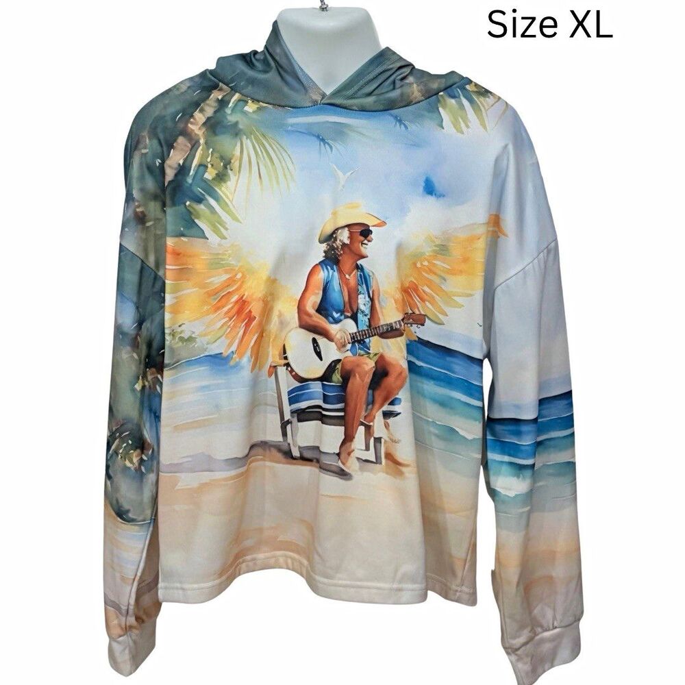 Mens XL Multicolor Beach Music Graphic Print Pullover Hoodie Long Sleeve